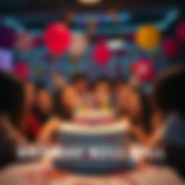 People celebrating a birthday with cake and balloons at a festive gathering