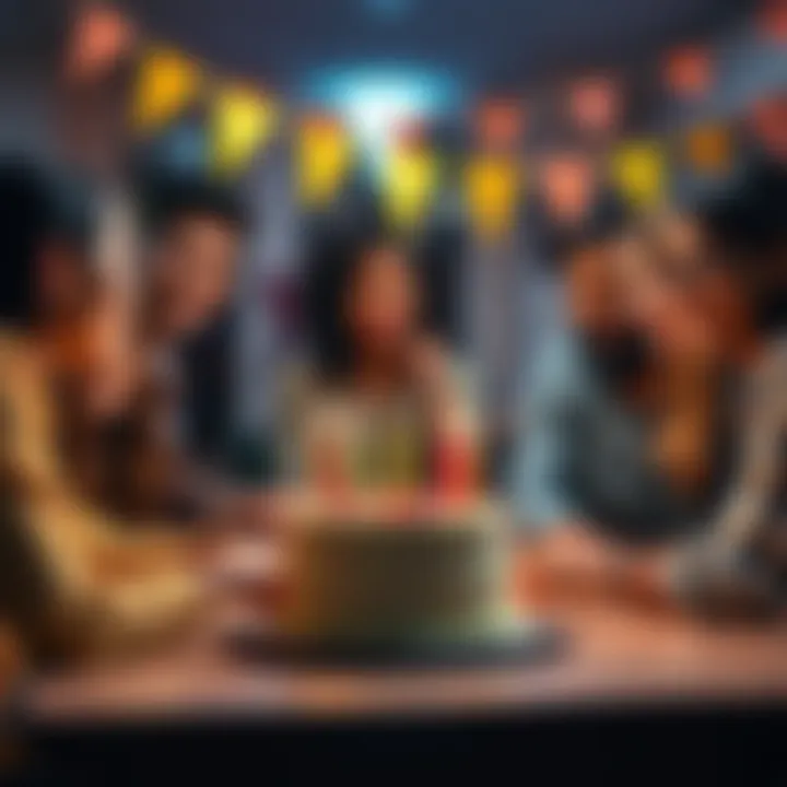 Birthday Celebration Friends gathered around a table with a birthday cake, smiling and celebrating together.