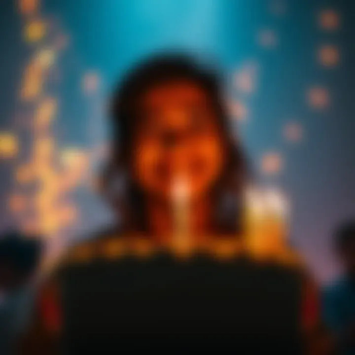 A person with a birthday cake and candles, smiling while reflecting on the past and future dreams.