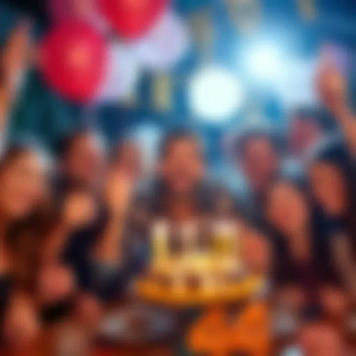 A cheerful person celebrating their 44th birthday surrounded by friends, balloons, and a cake with candles.