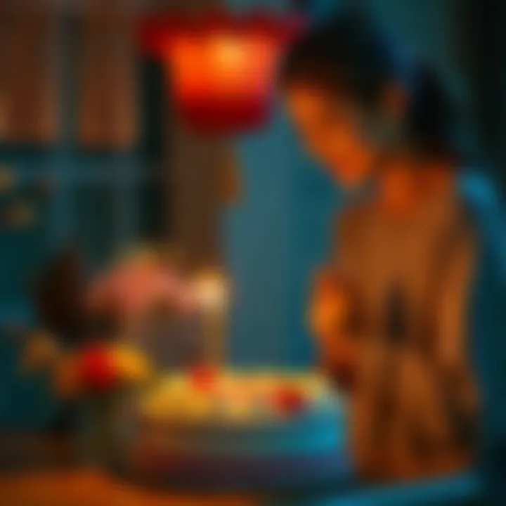 A woman lights a candle on a birthday cake, standing beside a small altar with flowers and incense, representing both Catholic and Buddhist traditions.