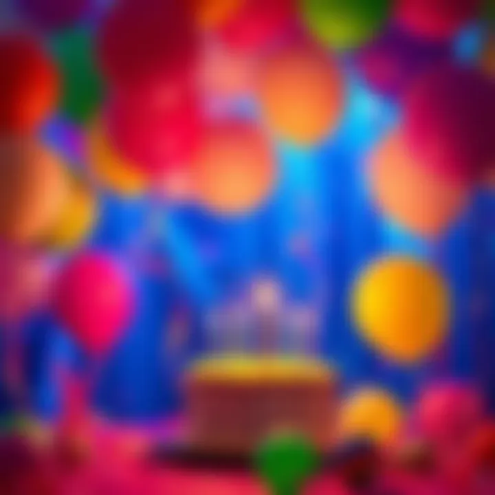 A vibrant birthday scene with colorful balloons and a cake, celebrating personal growth and spirituality.