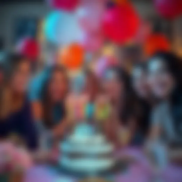 Birthday Celebration A group of friends celebrating a birthday with cake and balloons, smiling and enjoying the moment.