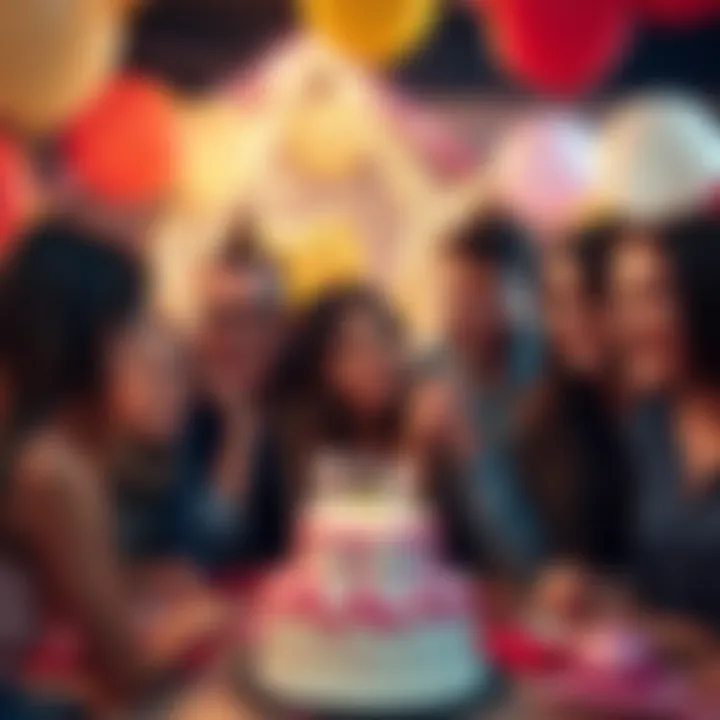 A group of friends enjoying a birthday party with balloons and cake