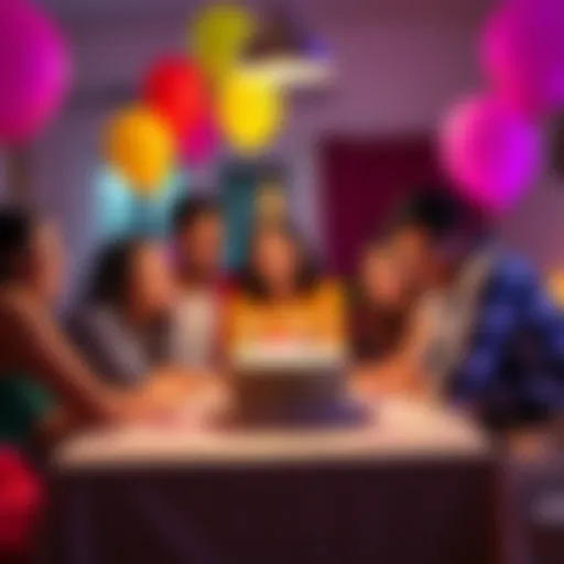 A group of friends gathers around a table decorated with balloons and a birthday cake, smiling and sharing a moment together.