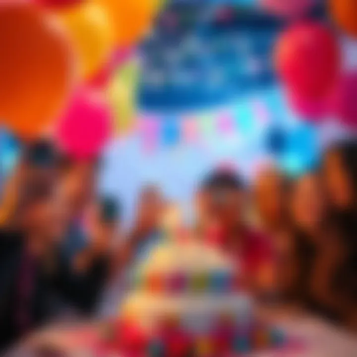 A vibrant birthday party scene with balloons, cake, and smiling friends capturing the moment for social media, showcasing the joy of rare celebrations.