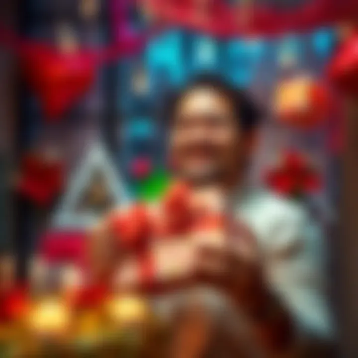 Birthday gift from wife A man smiling happily while holding a wrapped birthday gift from his wife, surrounded by decorations celebrating Hadit day.