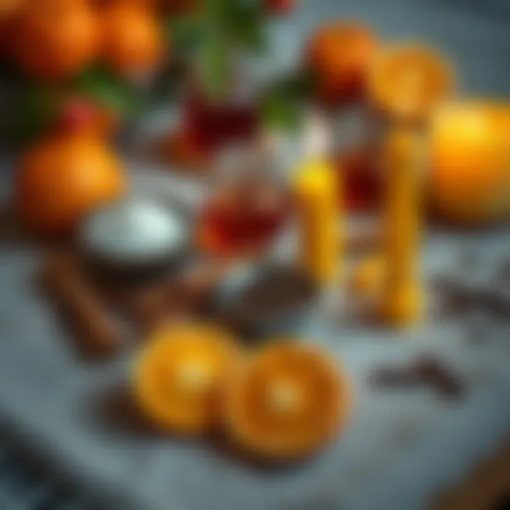 A table with clementines, cinnamon sticks, honey, black salt, coffee grounds, and a yellow candle arranged for a birthday happiness spell.