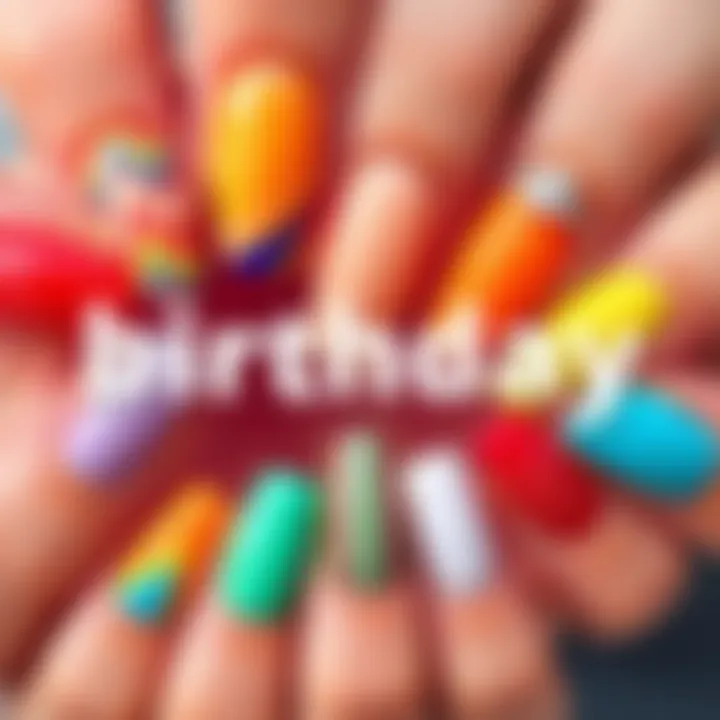 A variety of colorful nail designs representing each month of the year, showcasing unique styles and patterns for birthday celebrations.