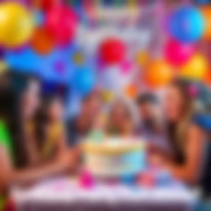 A lively scene of friends enjoying a birthday party with colorful decorations, cake, and balloons.