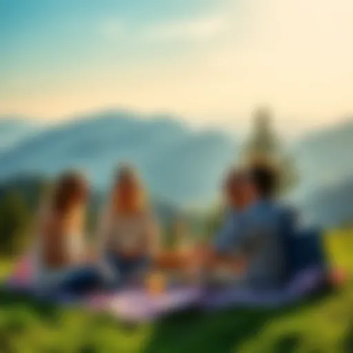A group of friends enjoying a picnic on a sunny day in the mountains, surrounded by trees and scenic views.