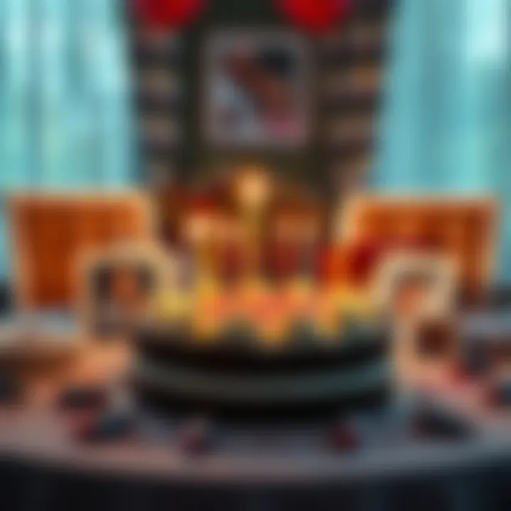 A candle-lit birthday cake surrounded by family photos, symbolizing cherished memories and connections.