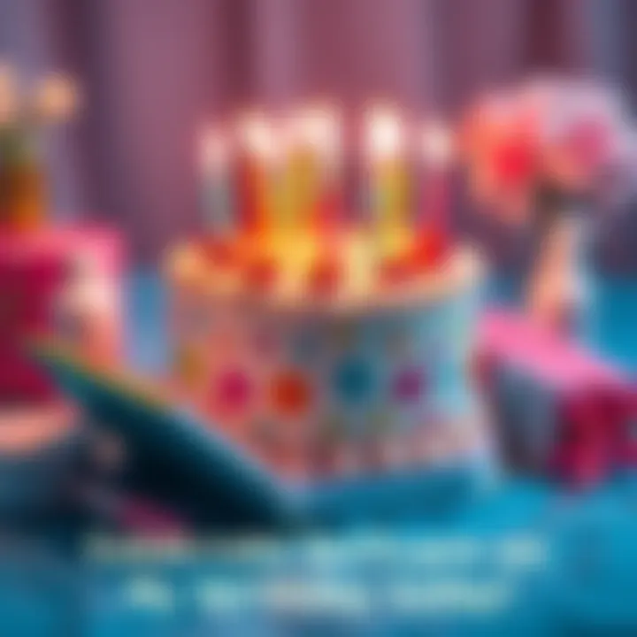 A colorful birthday cake with candles and self-care items like skincare products and a journal surrounding it, symbolizing a day of relaxation and self-prioritization.