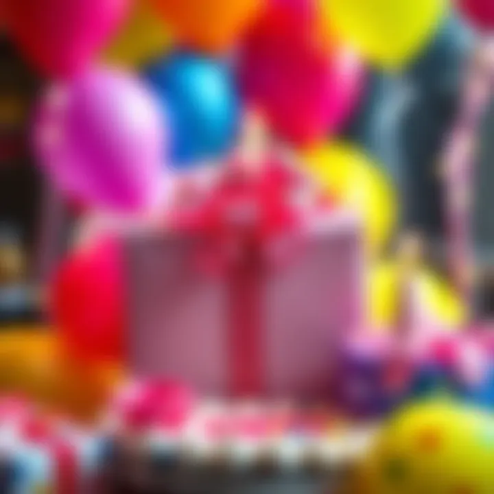 Birthday surprise gift A beautifully wrapped birthday gift with a bow, surrounded by colorful balloons and a cake