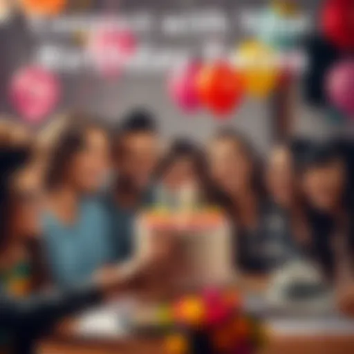 A group of people celebrating their birthdays together, smiling and sharing cake, with balloons and decorations around them