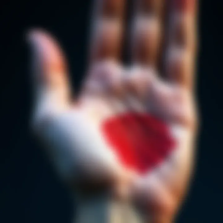 A detailed view of a right palm featuring a prominent birthmark, showing the skin texture and shape of the mark.