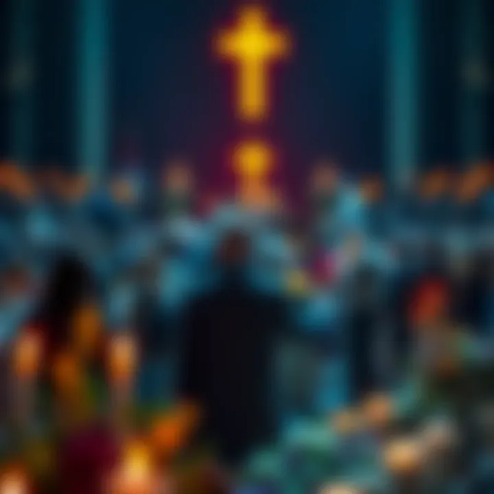 People gathering for a memorial service remembering Bishop Stephan Hoeller, surrounded by candles and flowers.