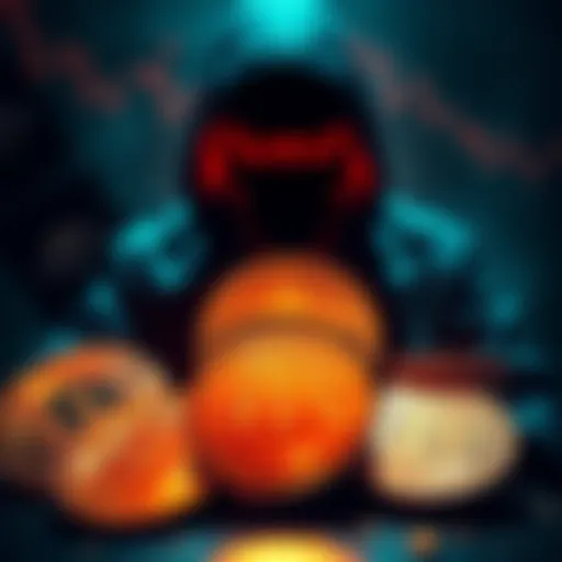 A digital representation of Bitcoin coins with a shadowy figure looming over them, symbolizing threats to the cryptocurrency market.