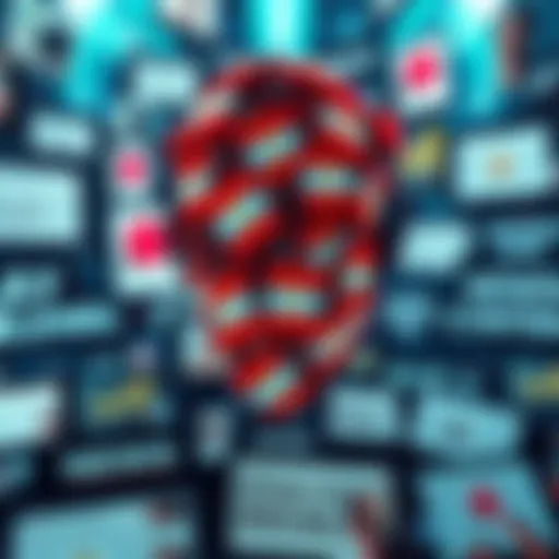 Bizarre AI Content A chaotic mix of strange AI-generated images and text on social media screens, contrasting with serious news articles about global issues like wealth disparity.
