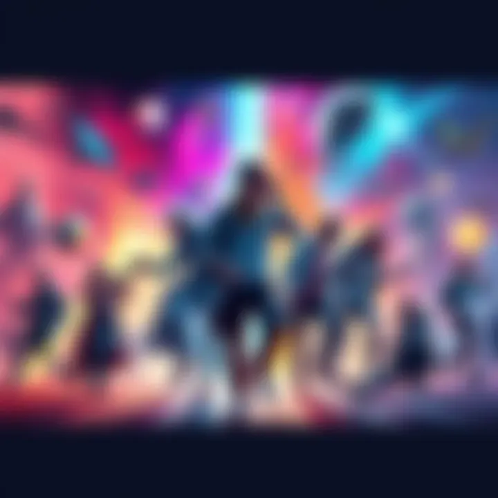 A group of people shifting between different colorful dimensions, with gaming elements and historical figures surrounding them.