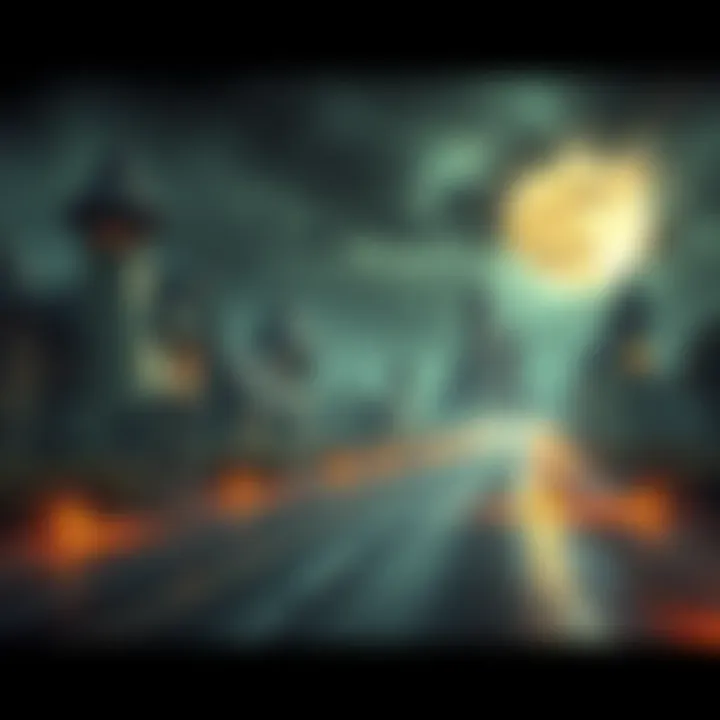 A surreal road lined with odd-shaped buildings and unsettling shadows, evoking feelings of panic and disgust.