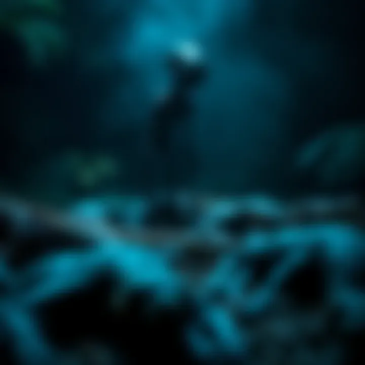 A slender black alien observing a scene with dead animals showing clean wounds, surrounded by a dark and eerie environment.