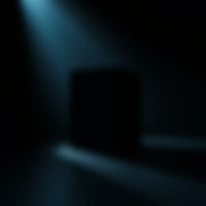 A shadowy black cube displayed in a dimly lit room, evoking a sense of fear and unease.