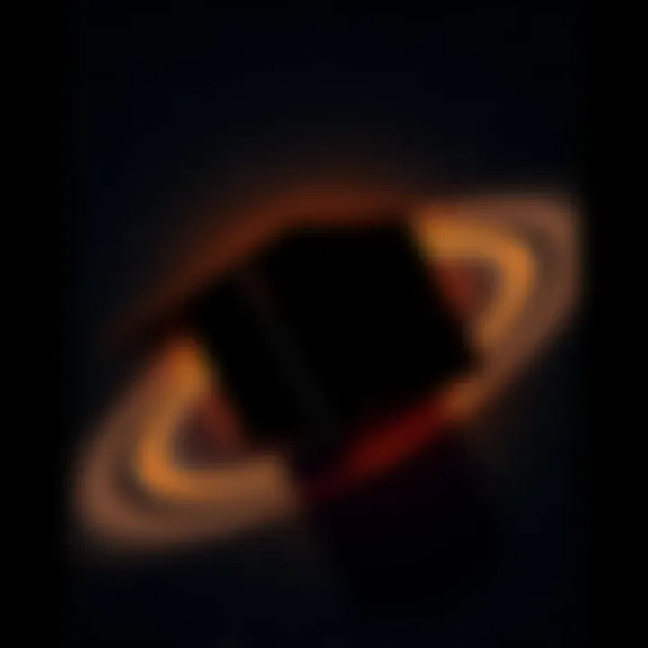 A depiction of the Black Cube situated in the rings of Saturn, with a starry background highlighting its unusual shape.