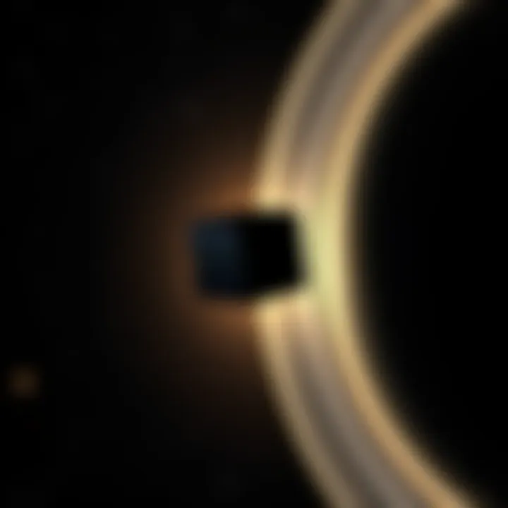 A dark, cube-shaped object floating in space near Saturn's rings, representing the Black Cube phenomenon.