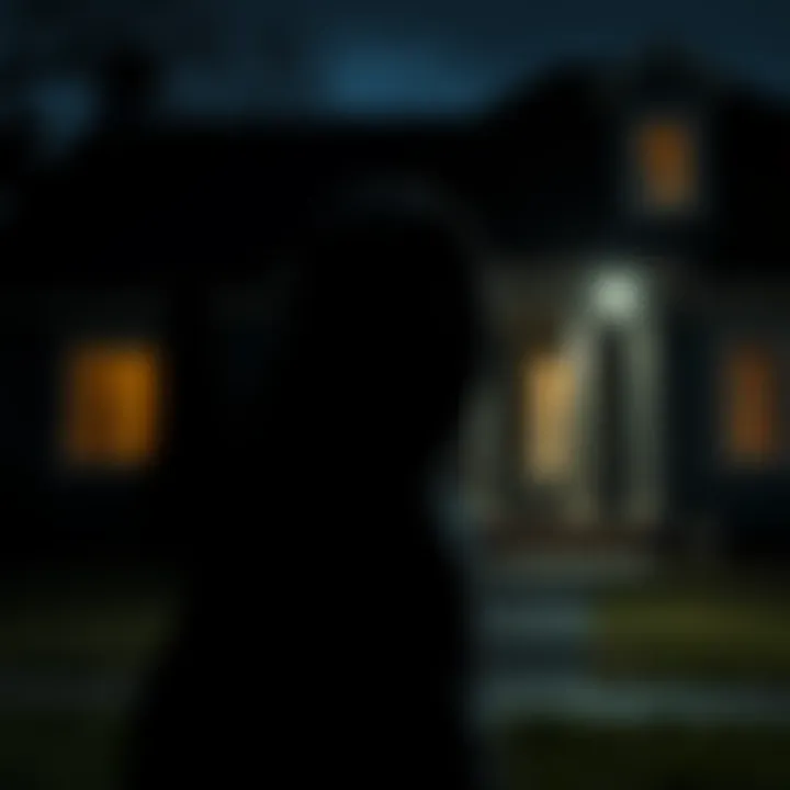 A shadowy figure of a child with completely black eyes stands outside a dark house at night, looking towards the viewer.