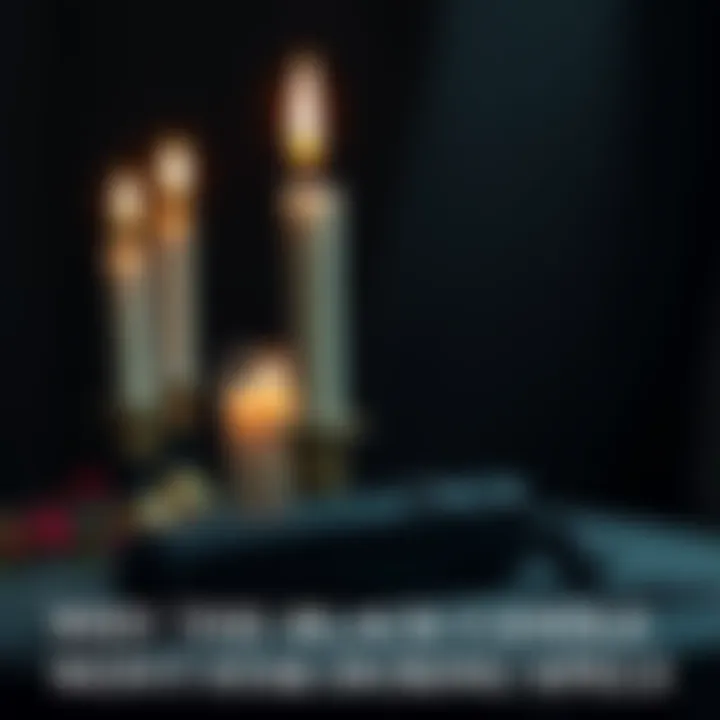 A black candle falls over while a white candle stands upright on an altar, symbolizing contrasting energies in magical practice.