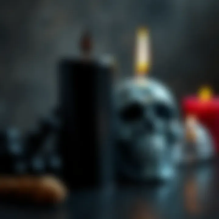 A black candle placed next to a skull-shaped candle, showcasing both in a ritual setting.