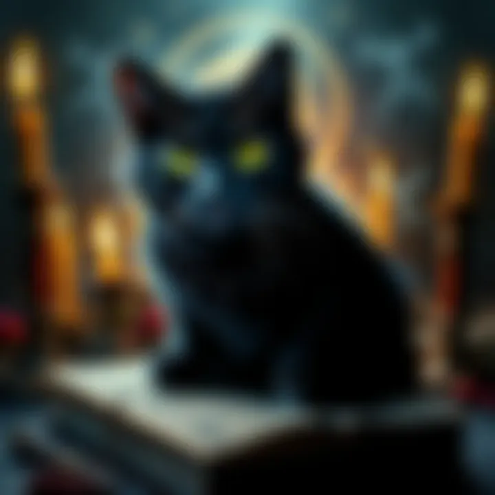Black cat with glowing eyes A black cat with glowing green eyes sitting on an ancient book, surrounded by candles and mystical symbols
