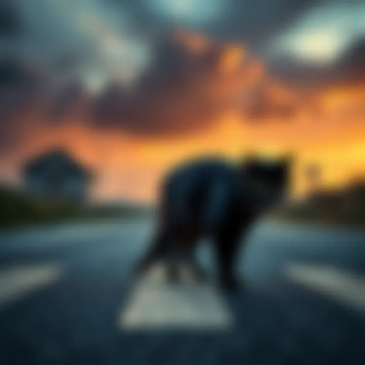 A black cat walking across a road on Friday the 13th, symbolizing bad luck, with ominous clouds in the background.