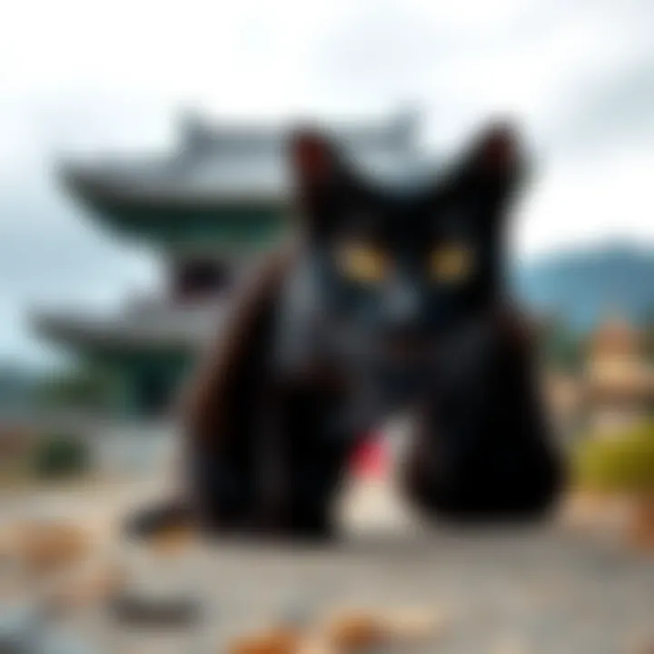 Black Cat with Yellow Eyes A black cat with bright yellow eyes sits peacefully on a path, guiding a woman toward a Buddhist temple in the background.