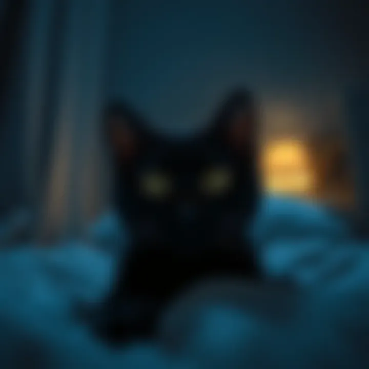 Black Cat's Head at Night A close-up of a black cat's head with white circles, staring from the foot of a bed in a dark room