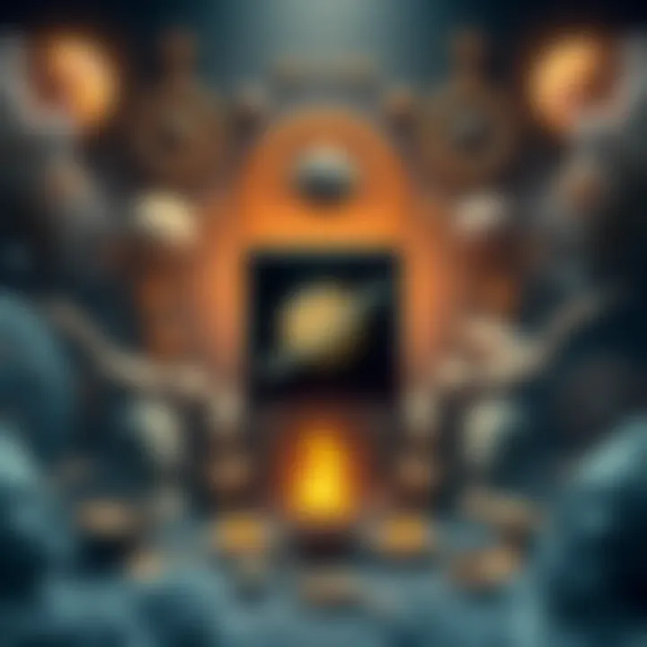 A black cube representing Saturn surrounded by various cultural symbols and religious artifacts, hinting at confinement and transformation.