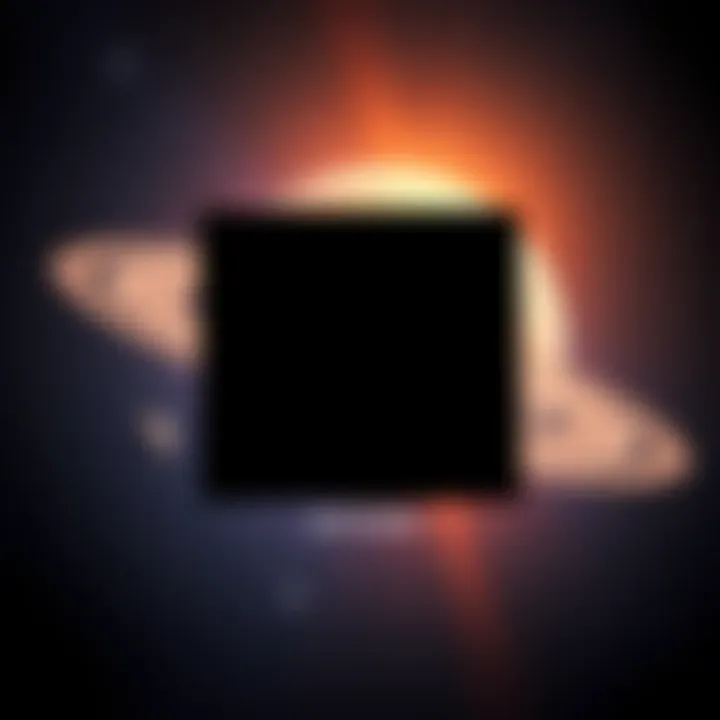 A visual representation of a black cube superimposed on the planet Saturn, highlighting its rings and surrounding space.