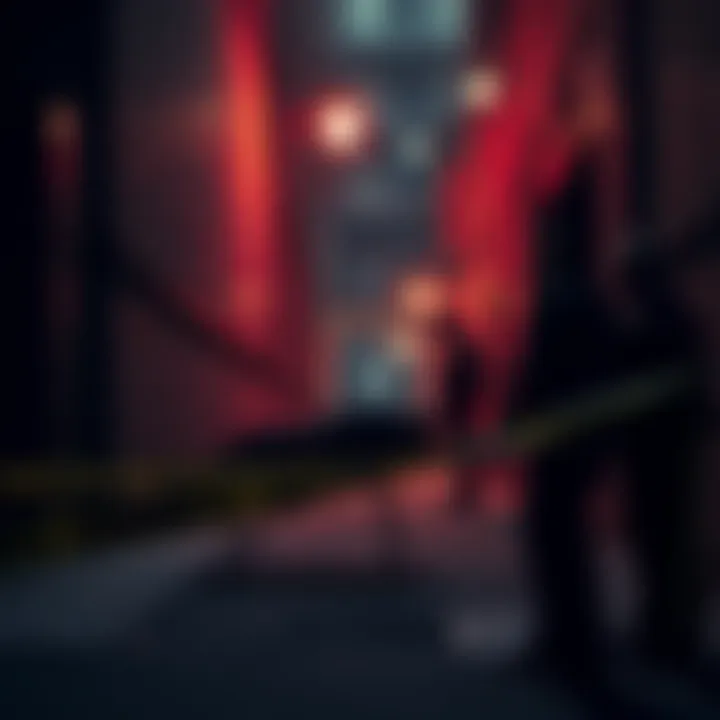 A dark alley where the body of Elizabeth Short, the Black Dahlia, was found, surrounded by police tape and investigating officers.