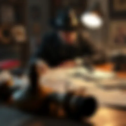 A detective examining documents and photos related to the Black Dahlia and Zodiac cases on a table