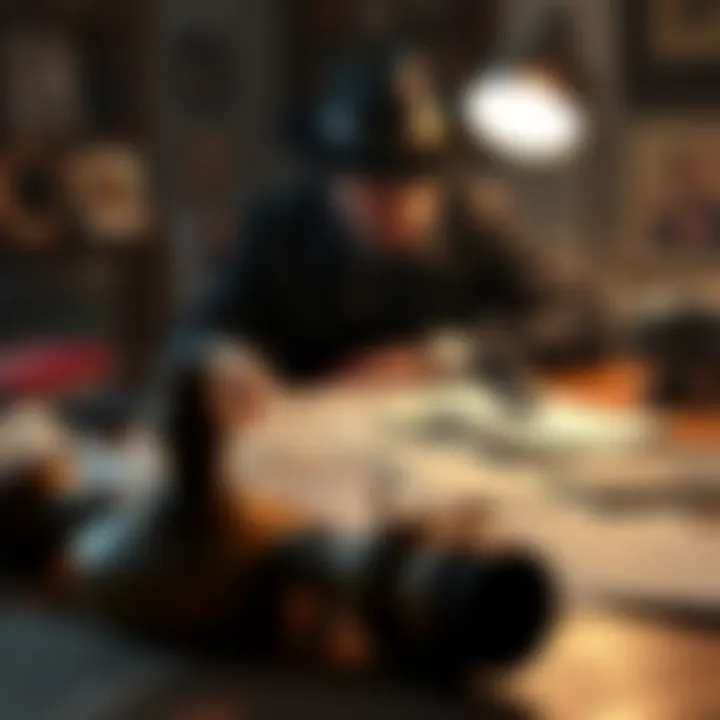A detective examining documents and photos related to the Black Dahlia and Zodiac cases on a table