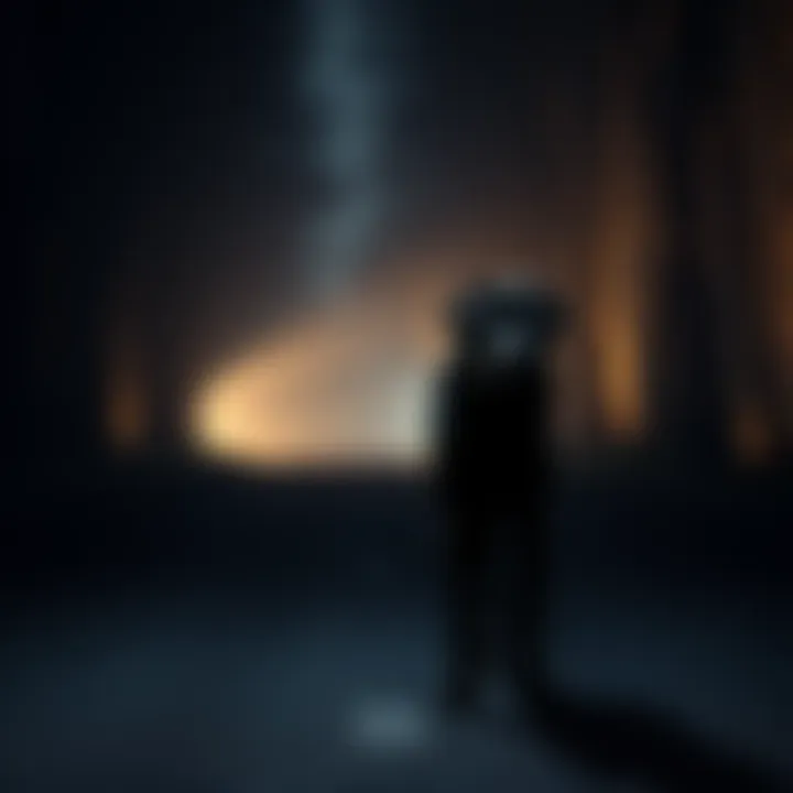 A large black dog stands in the middle of a dark road, staring intently in the night, surrounded by trees and shadows.