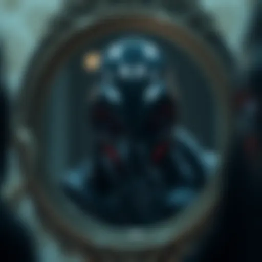 A shiny black entity with large orb-like eyes appears in a mirror, evoking curiosity and unease.