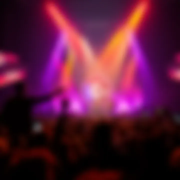 A lively concert scene featuring the Black Eyed Peas performing on stage with bright lights and an engaged crowd.