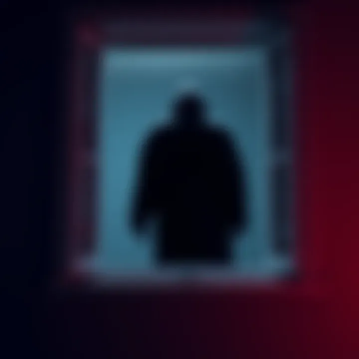 A large black figure looms outside a bathroom window at night, creating a shadowy presence