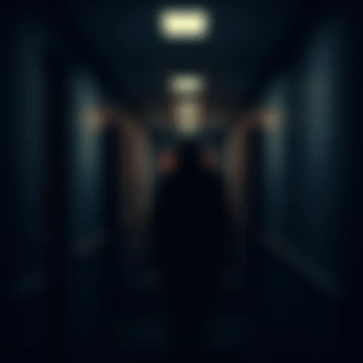 Black Figure in Hallway A shadowy black figure standing in a dimly lit hallway with a subtle outline, evoking a sense of unease during both day and night.