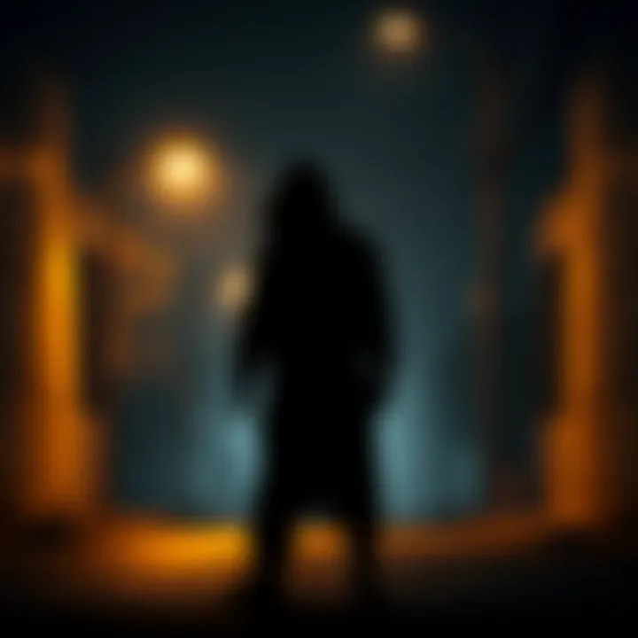 A shadowy black figure stands in a darkened street, surrounded by dim light from a nearby lamp post, evoking a sense of unease.