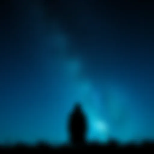 A dark silhouette stands still beneath a starry sky, evoking curiosity among onlookers.