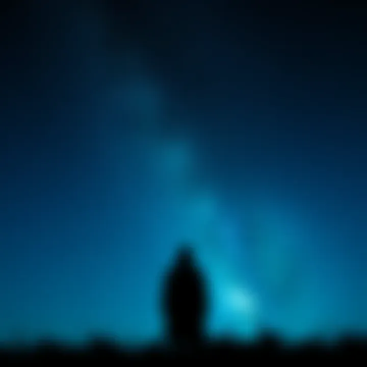 A dark silhouette stands still beneath a starry sky, evoking curiosity among onlookers.