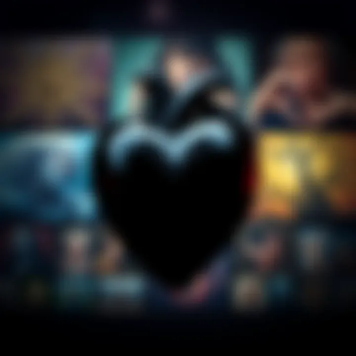 A black heart symbol displayed in various artistic forms, representing different cultural meanings
